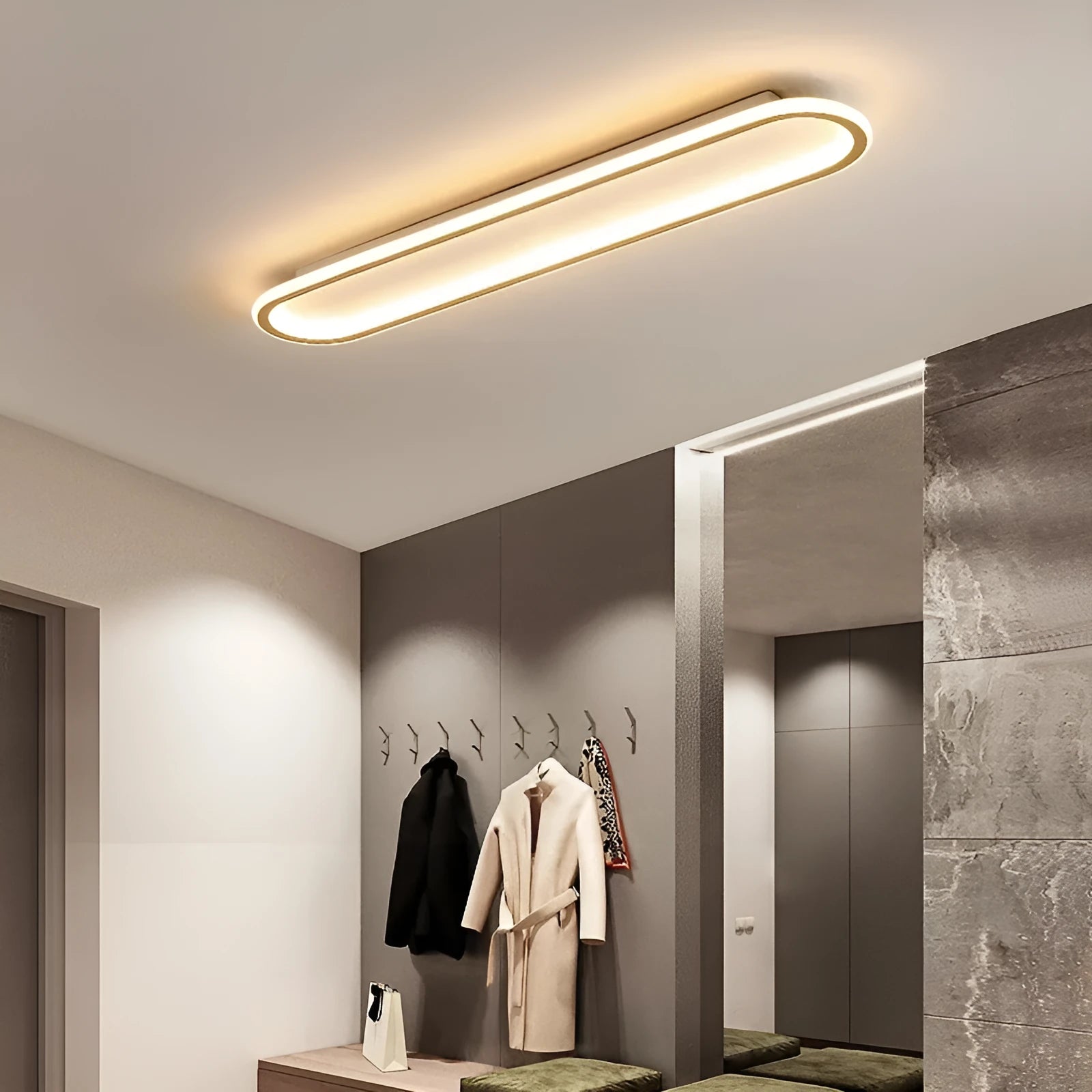 Minimalist black strip ceiling lamp with a linear PVC shade mounted on a white ceiling