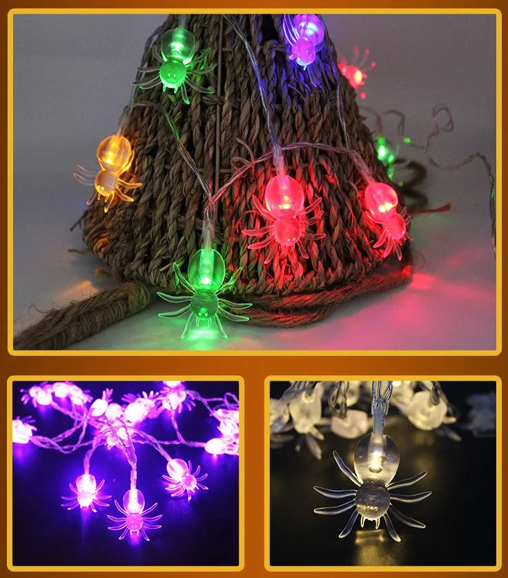 Halloween LED string lights with pumpkin bat ghost spider pendants on 1.2m white cord