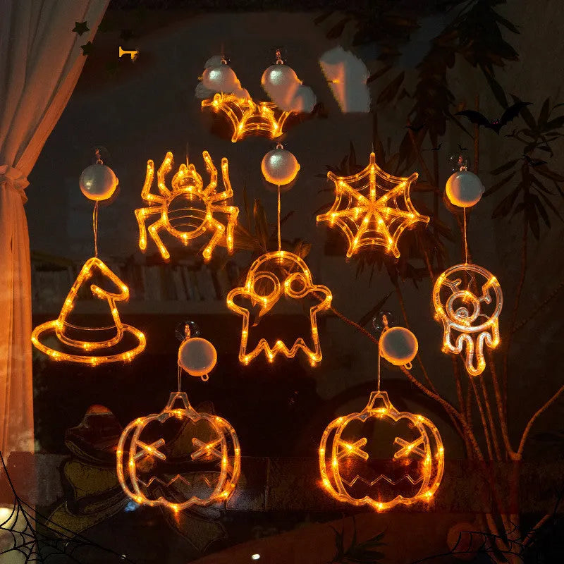 Halloween LED window hanging lights showing 7 horror characters including spider, pumpkin and ghost designs