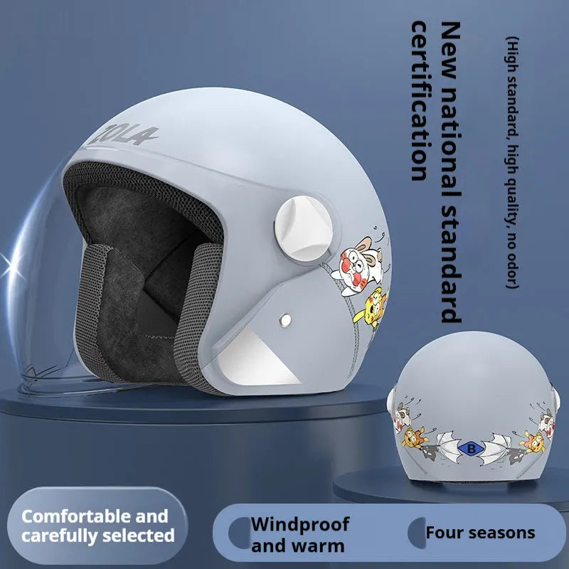 Adult electric bicycle helmet with attached winter scarf and anti-fog visor in blue colour
