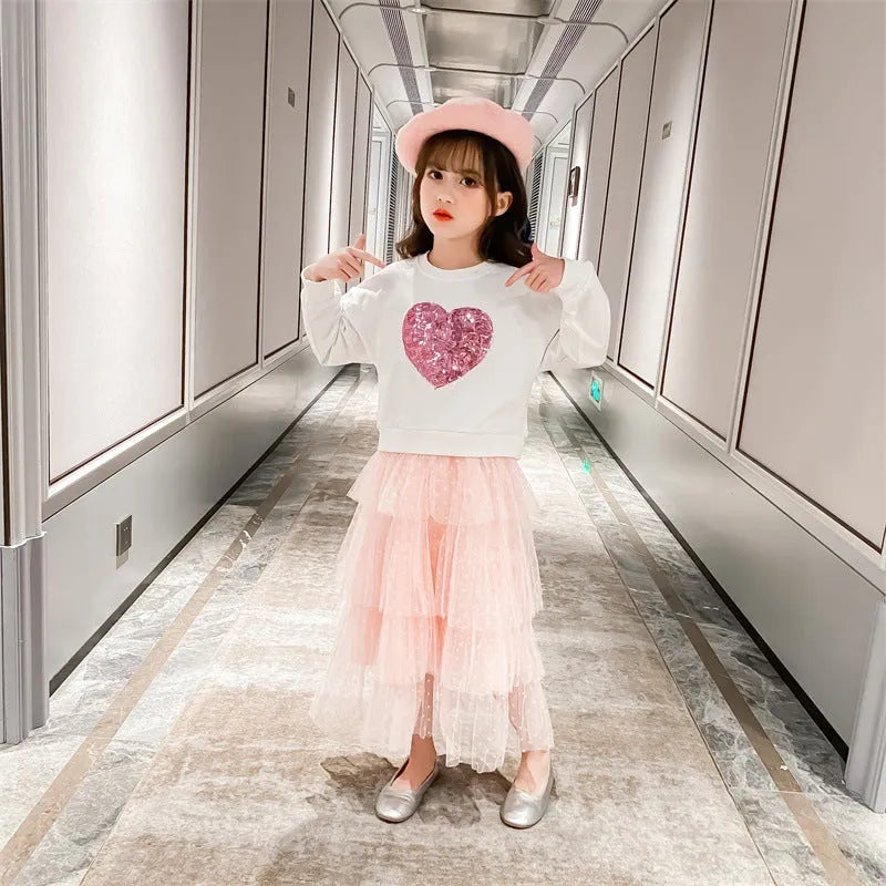 Girl's Sequin Love pullover two-piece cotton skirt set in white and red, suitable for height 110cm to 160cm