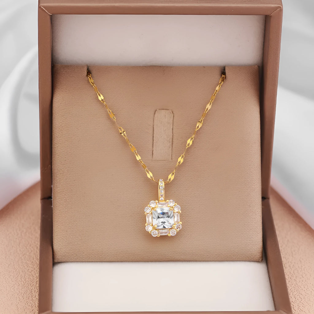 Women's titanium steel geometric necklace with quadrilateral gem-inlaid pendant on water wave chain