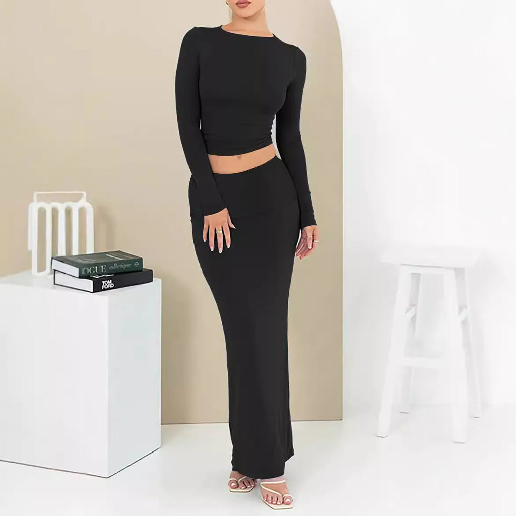 Women's sweet style two-piece suit set with long skirt and three-quarter sleeve top