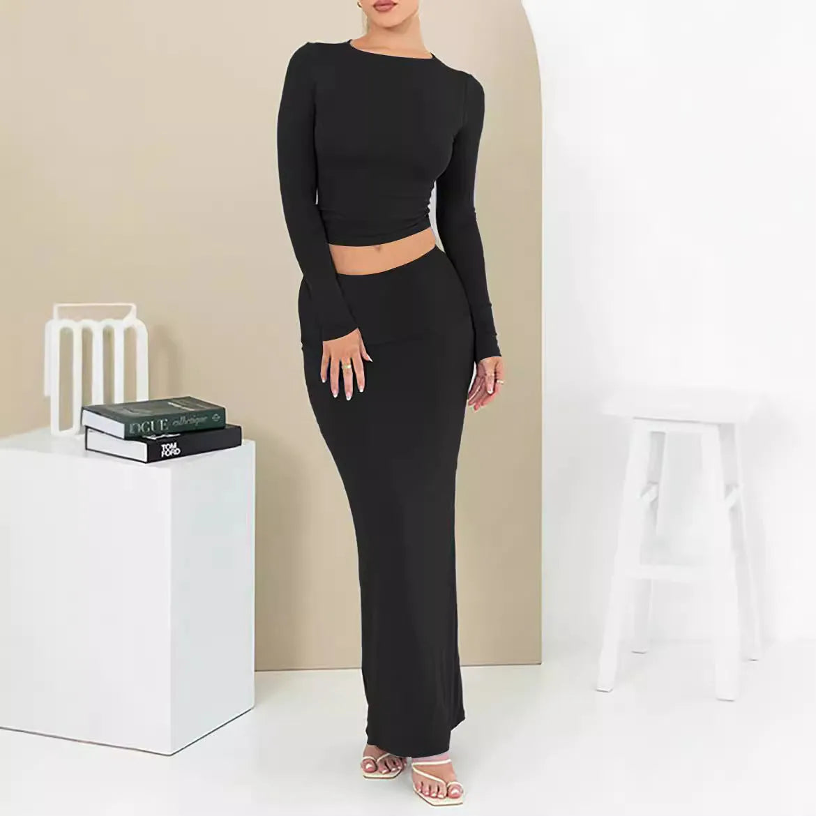 Women's sweet style two-piece suit set with long skirt and three-quarter sleeve top