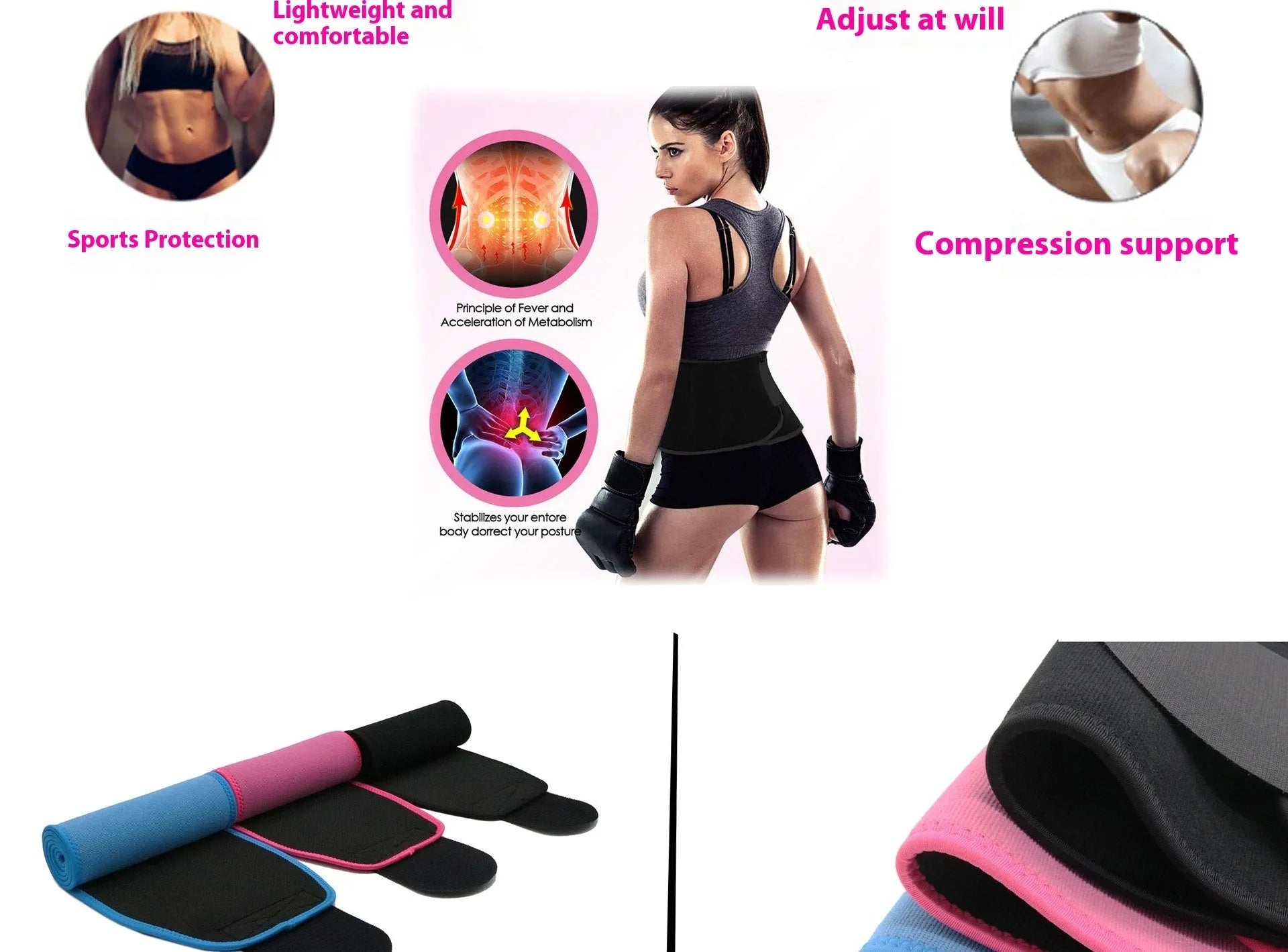 Neoprene lumbar support belt for fitness and running in black, blue, or pink