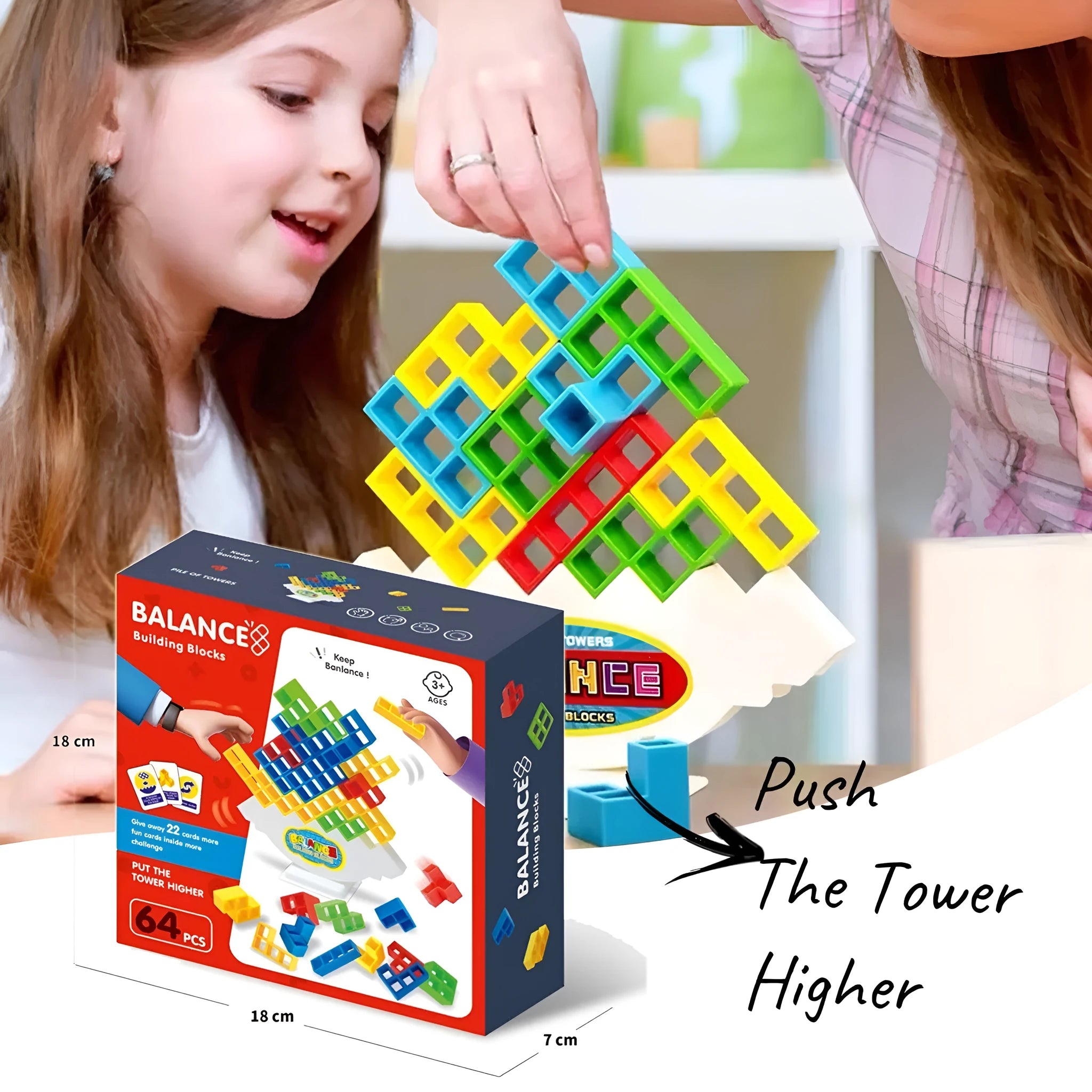 Colourful plastic balance stacking game with 16 blocks, chassis and base for family play