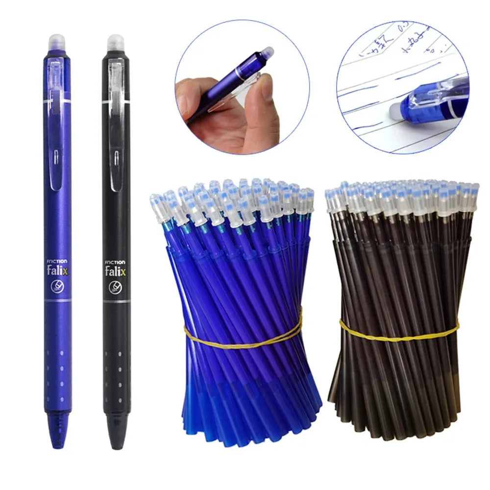 Hot erasable push gel pen with 0.5mm tip, plastic body, shown in blue or black ink for school use.