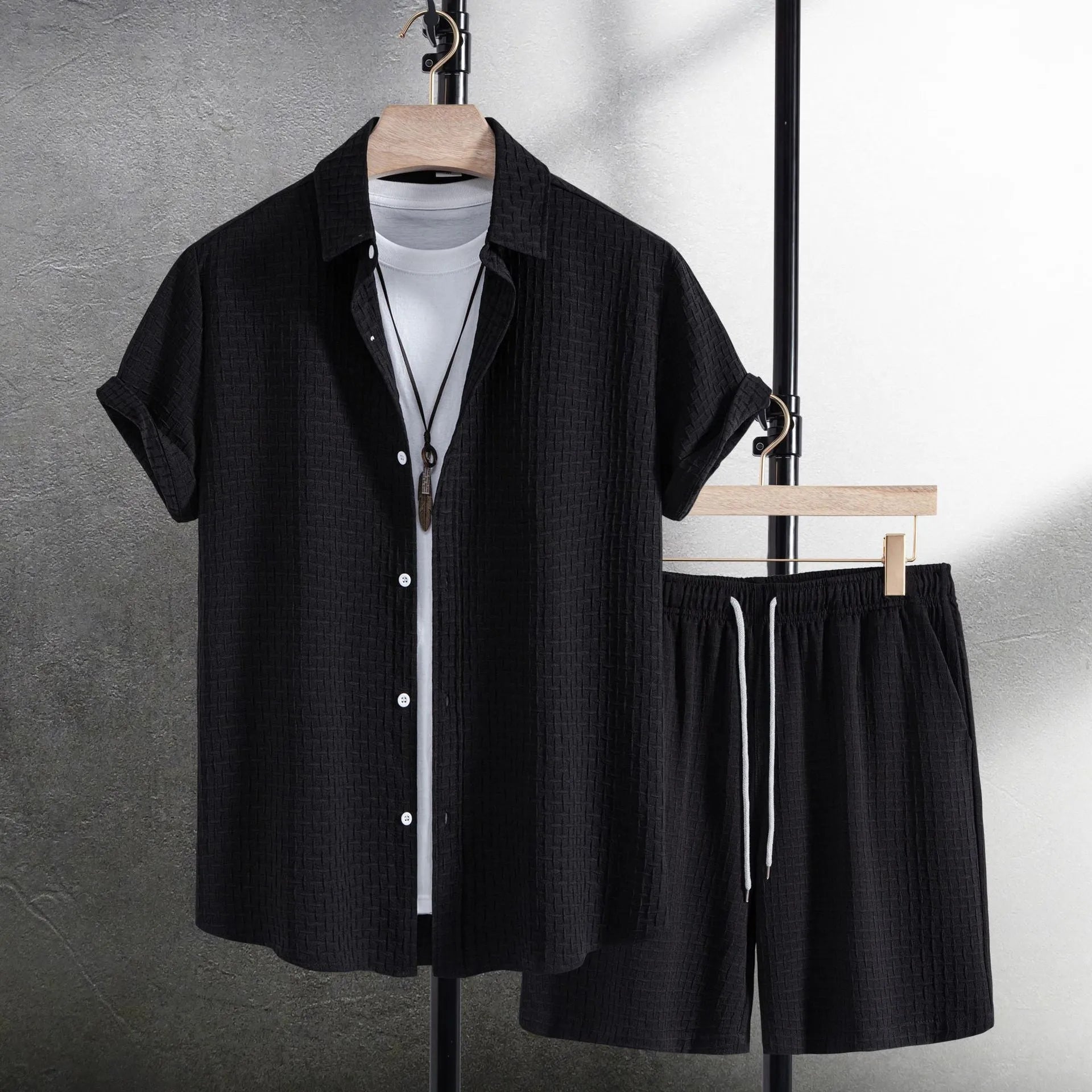 Men's cotton blend beach shorts and shirt two-piece set in loose cardigan style