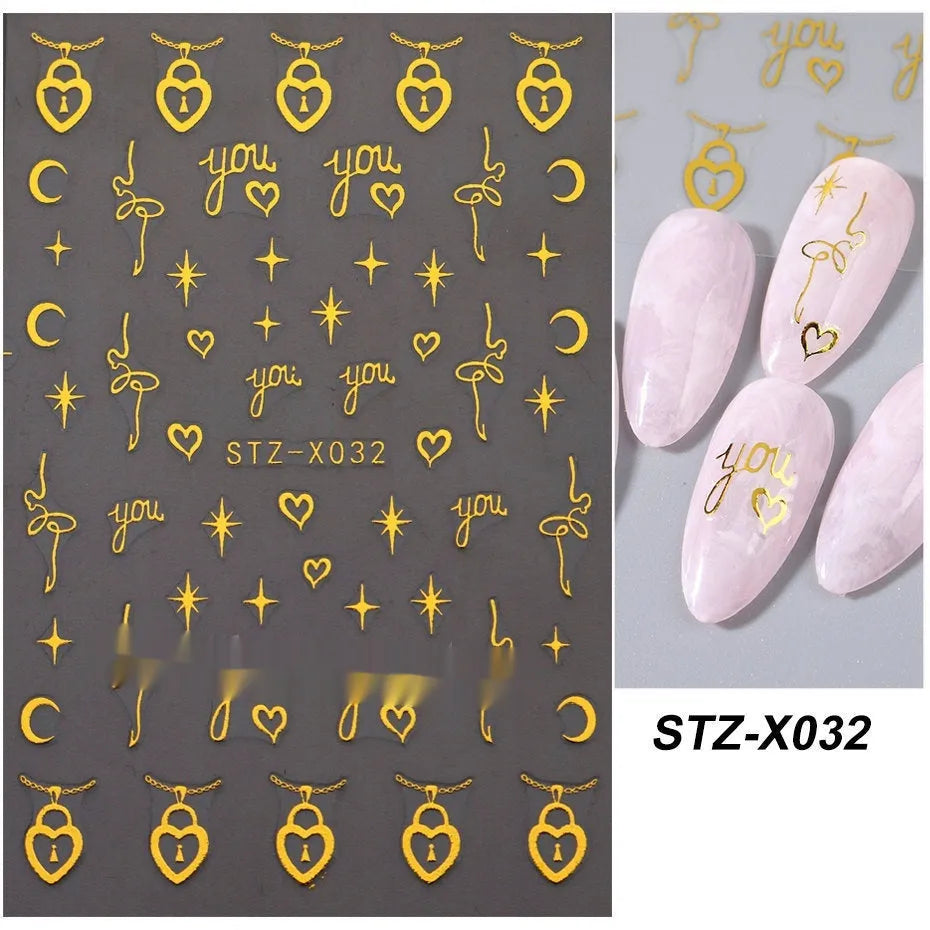 Plastic sheet of black, silver, and cartoon design nail art stickers for DIY manicures.