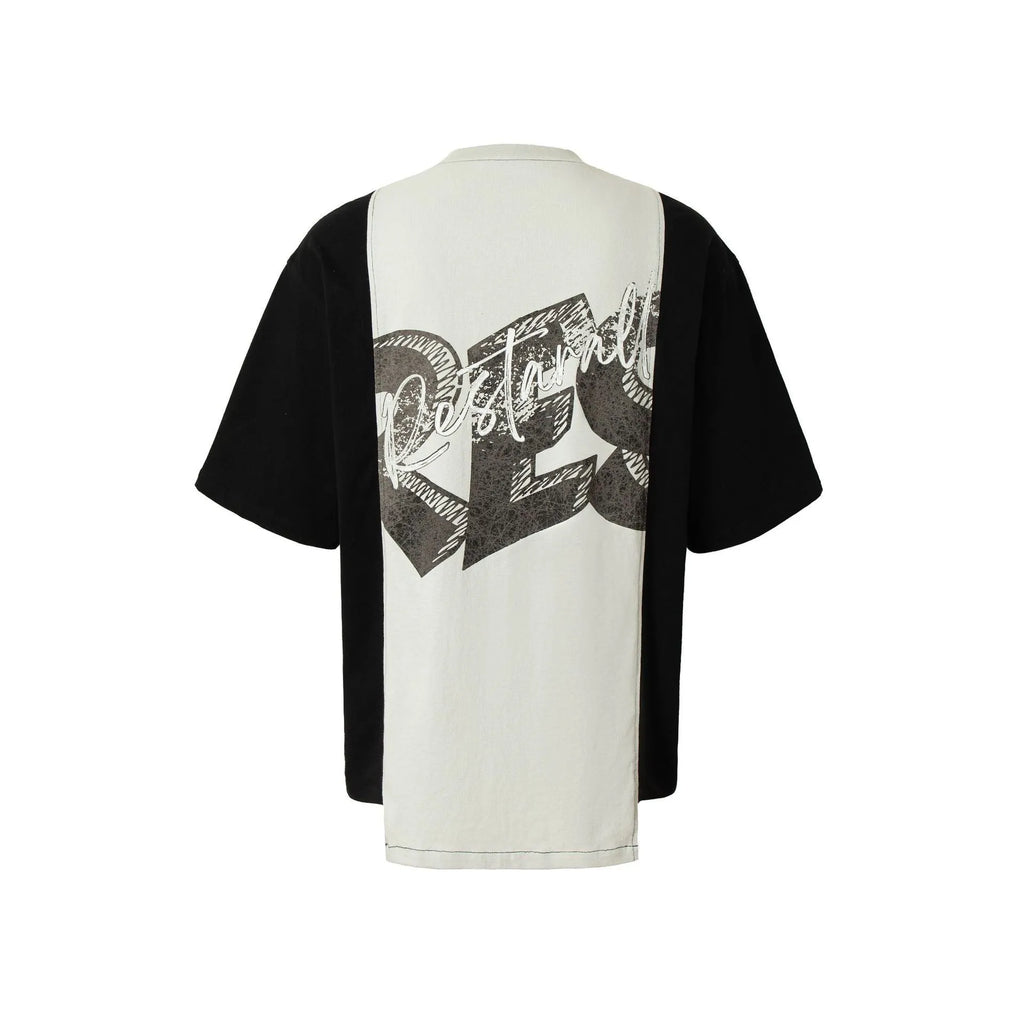 Black and white broken collage deconstruction print on a men's loose fit cotton blend t-shirt.