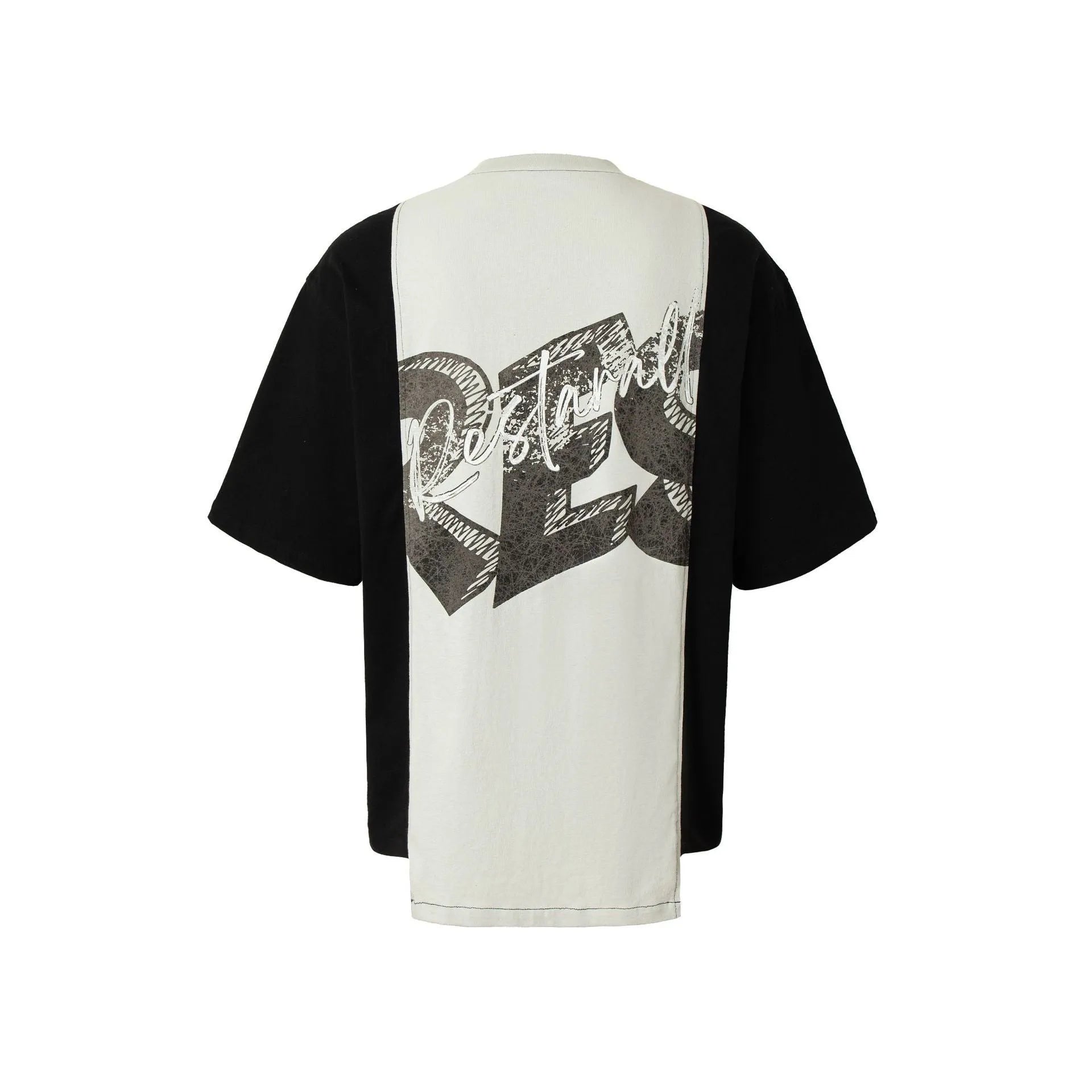Black and white broken collage deconstruction print on a men's loose fit cotton blend t-shirt.