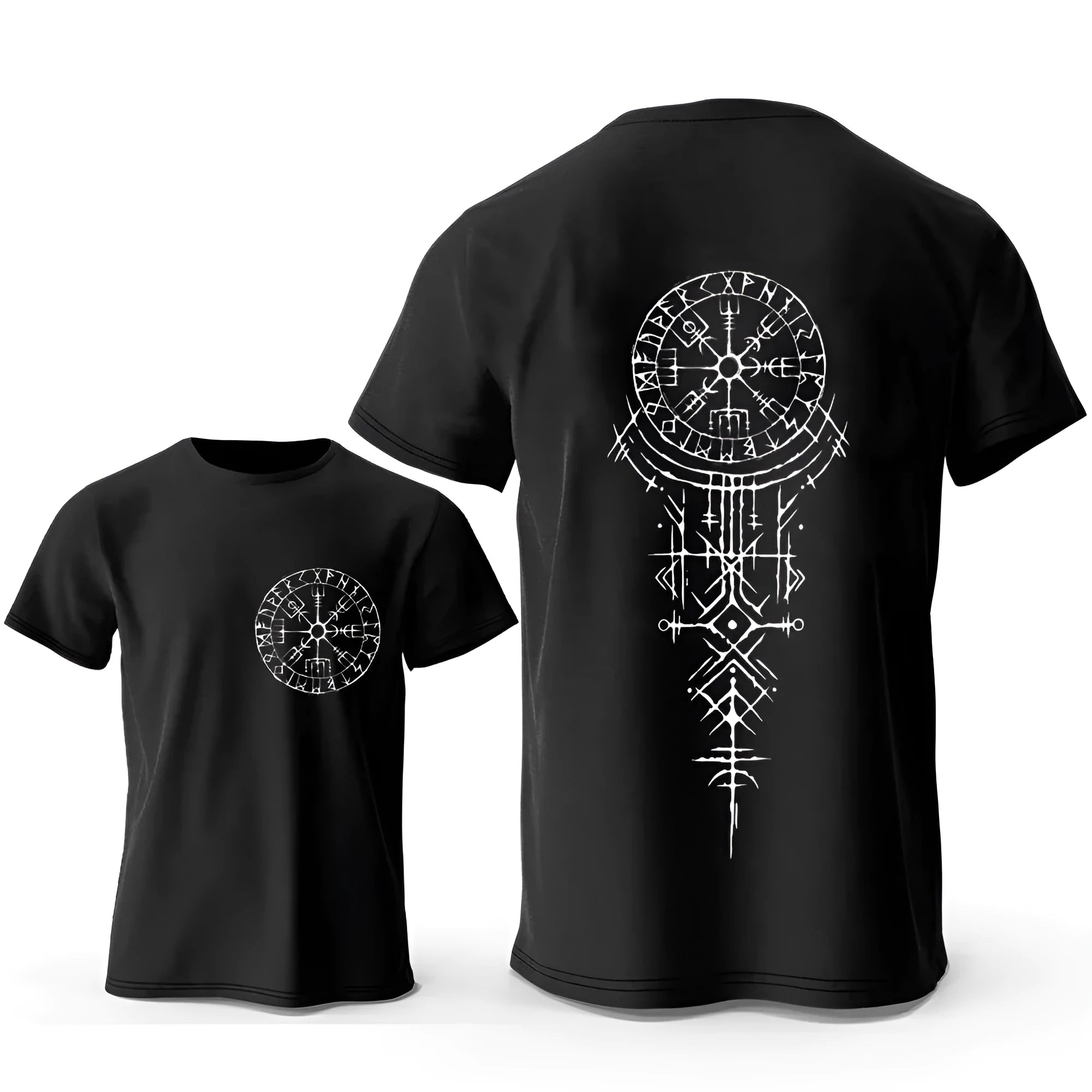 Man wearing a black cotton T-shirt with a detailed white Viking rune compass graphic on the chest.