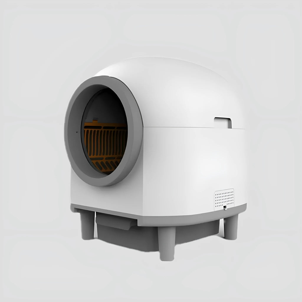White automatic enclosed cat litter box with ABS plastic housing.