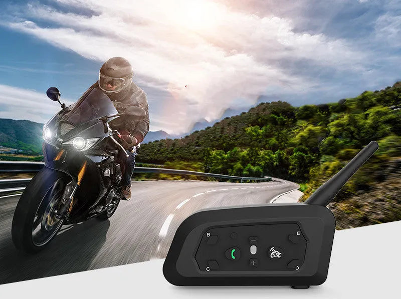 V6 Pro motorcycle helmet Bluetooth intercom unit with mounting clip and headphones