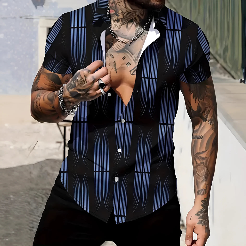 Men's slim fit geometric line print short sleeve shirt with a lapel collar.