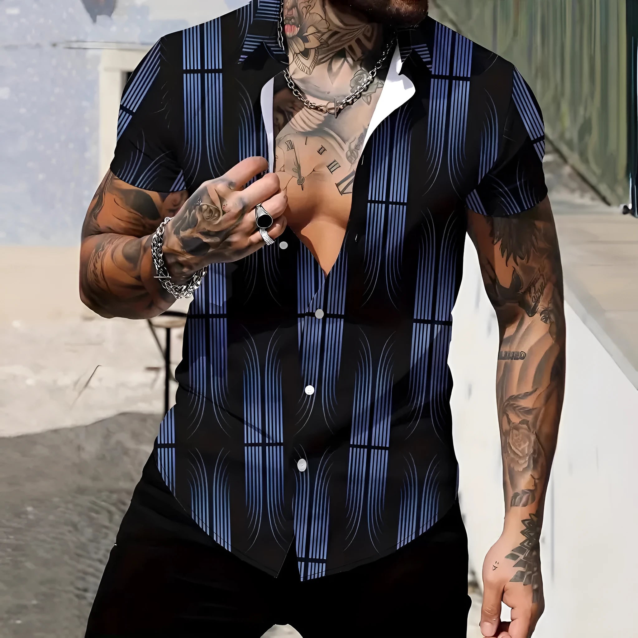Men's slim fit geometric line print short sleeve shirt with a lapel collar.
