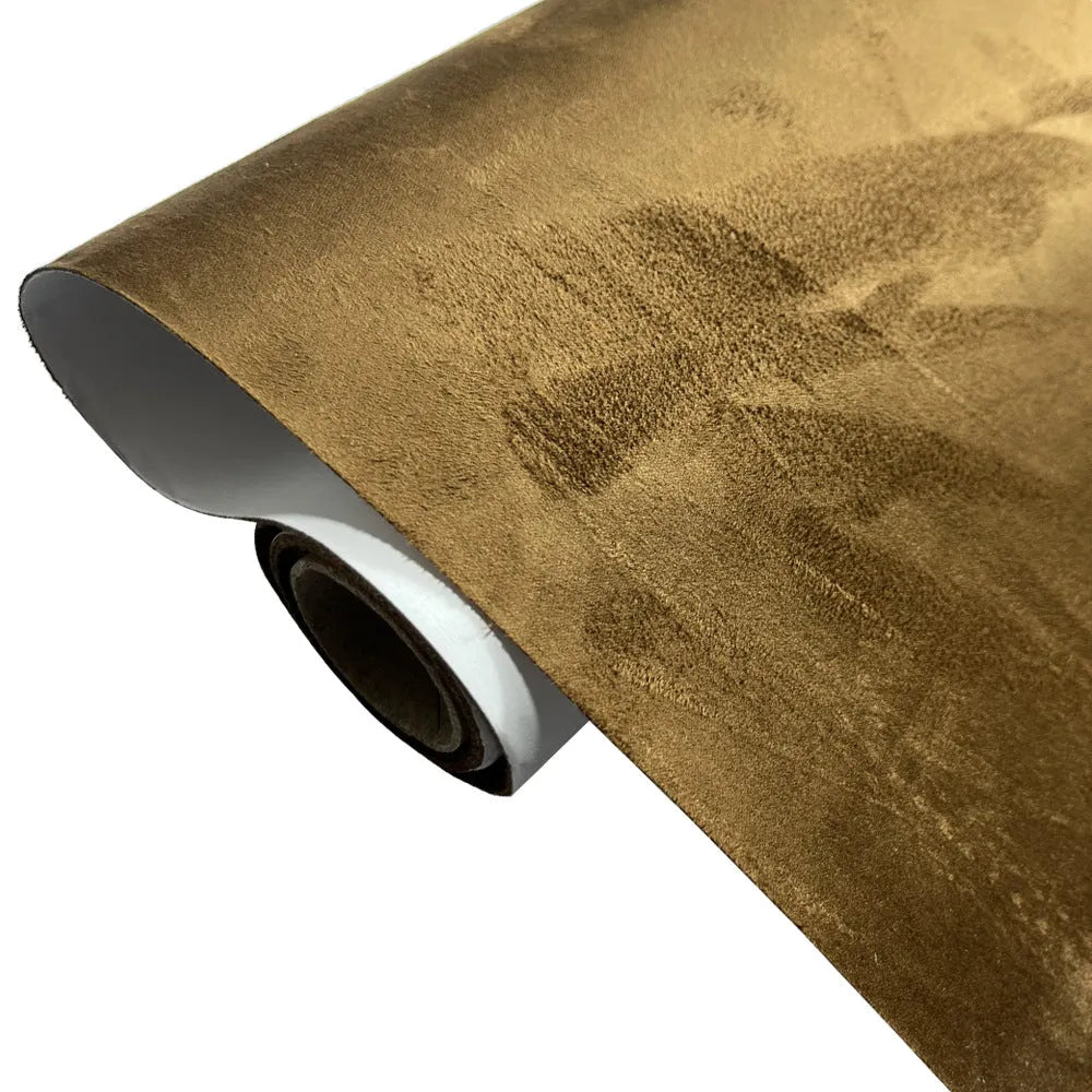 Self-adhesive leather suede sheet roll in multiple colour swatches showing black, brown, blue, and red.