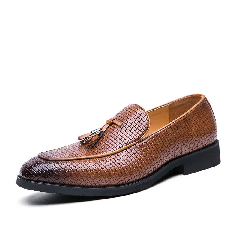 Men's black pointed toe slip-on business shoes with tassel detail on artificial PU leather upper