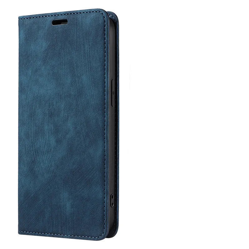 Magnetic flip phone case in solid colour for iPhone, showing TPU frame and leather cover.