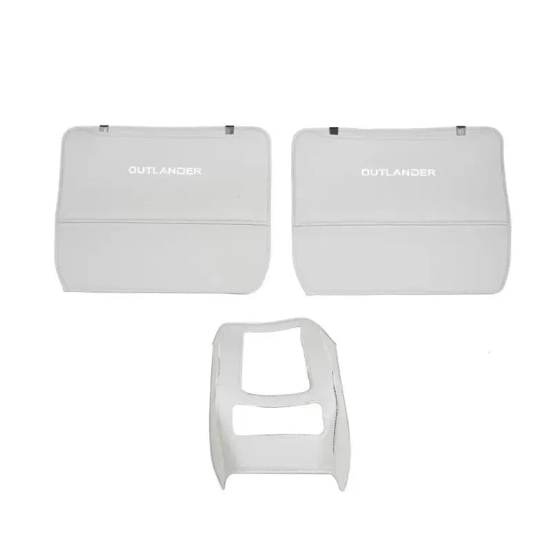 Three black leather anti-kick protection pads for Mitsubishi Outlander seat armrests and centre console
