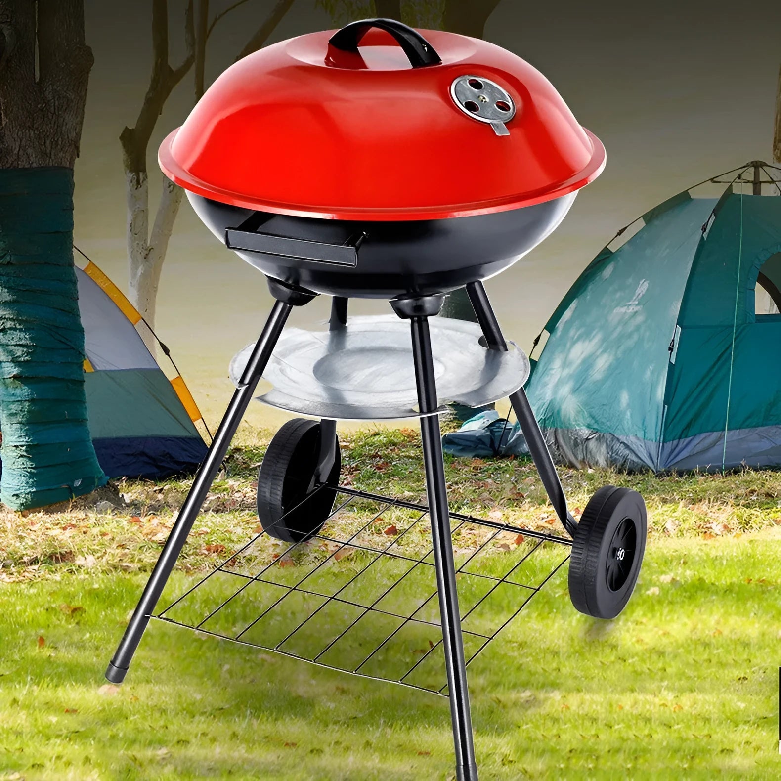 Portable 14-inch iron barbecue grill with an apple stove design for 3-5 people.