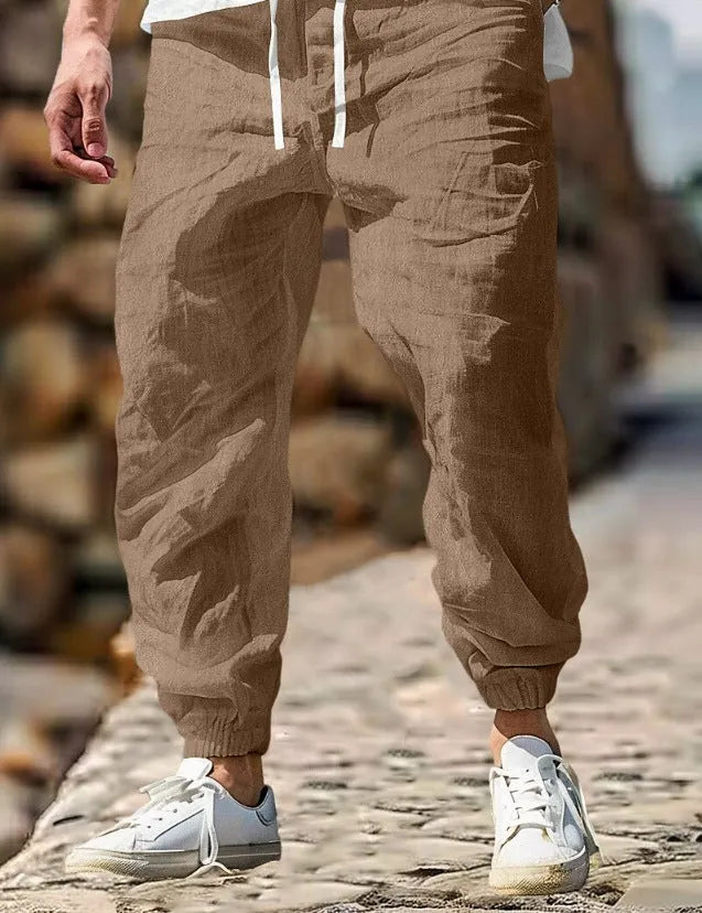 Men's straight leg linen trousers with elastic waistband in seven colour options