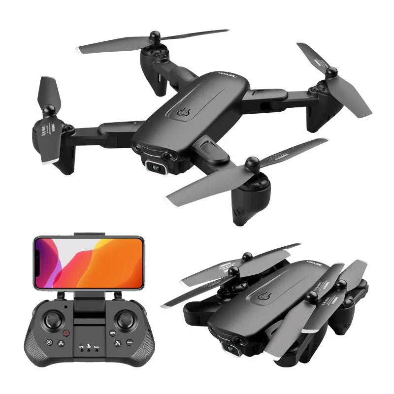 Black folding remote control aircraft with 4K front camera and 1080P bottom camera expanded