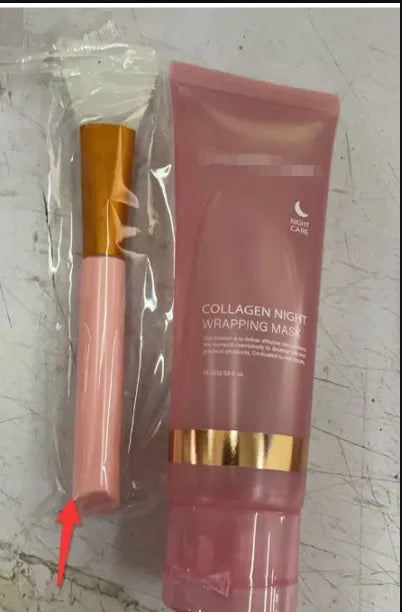 75ml bottle of collagen night sleep mask with application brush for firming and hydrating skin