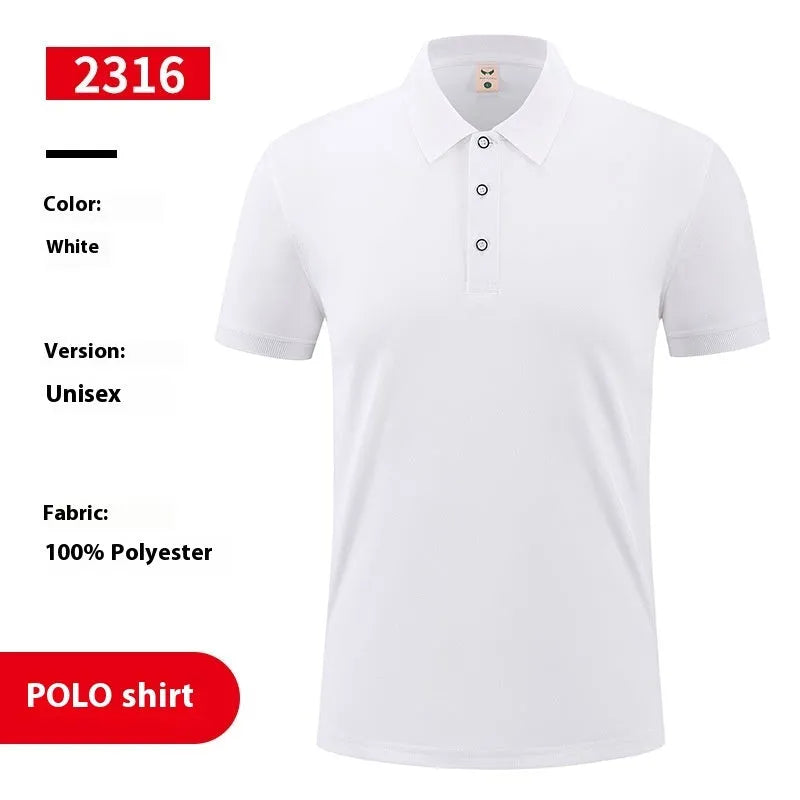 Men's short sleeve pullover polo shirt on a hanger, shown in multiple colours including white, black, and red.