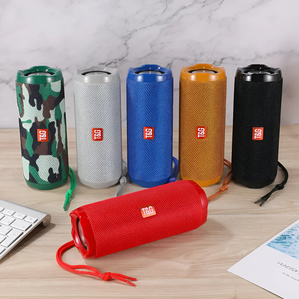 Portable fabric Bluetooth speaker with card holder in multiple colour options showing dimensions 182 x 73.5 x 69.2 mm