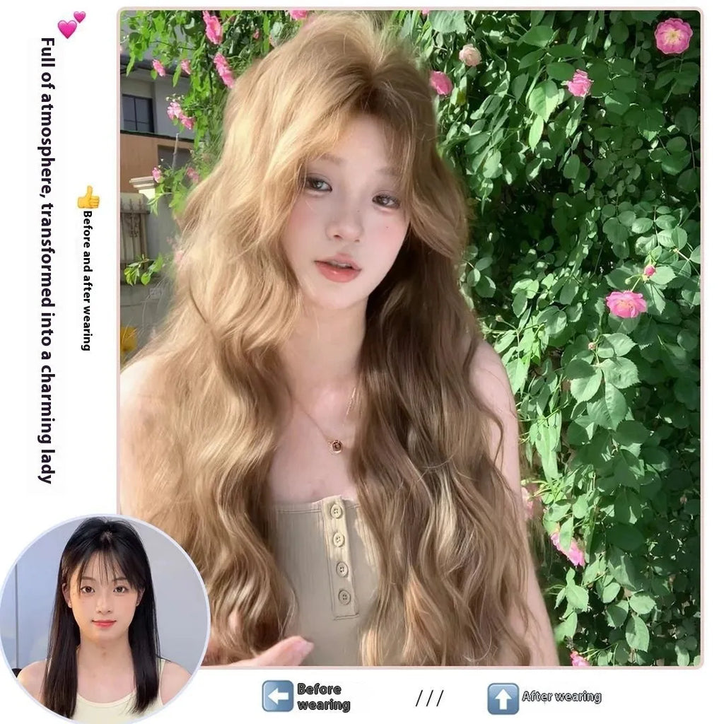 Linen brown medium long curly synthetic wig with hair net on display