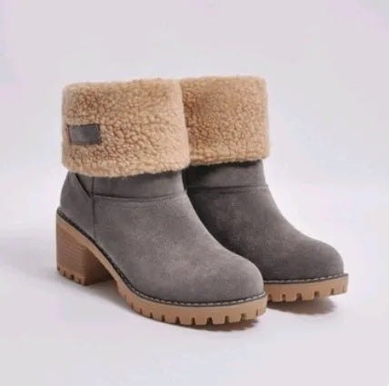 Women's suede mid-calf snow boots with a thick low heel and round toe in various colours.