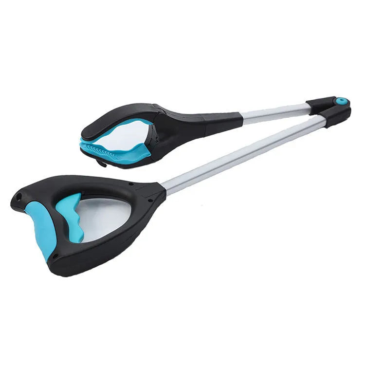 Blue foldable portable aluminium microphone stand with a stainless steel base, shown collapsed and extended.