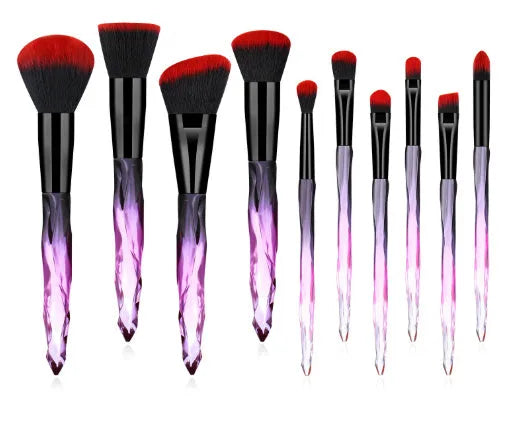 10 crystal handled foundation brushes with synthetic bristles in black blue red yellow colours