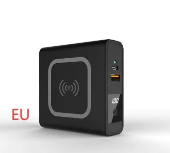 Black PD20W power bank with wireless charging and flip-out UK US EU AU plug adapters