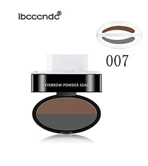 Eyebrow powder stamp with dual powders and reusable stencils in dark brown and light brown shades.