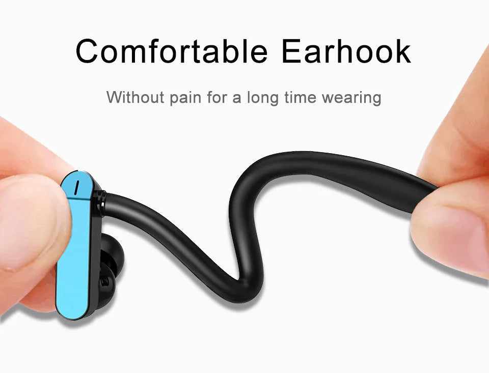 Sport ear hook headphones with microphone in black blue colour, showing over-ear hook and silicone earbuds.