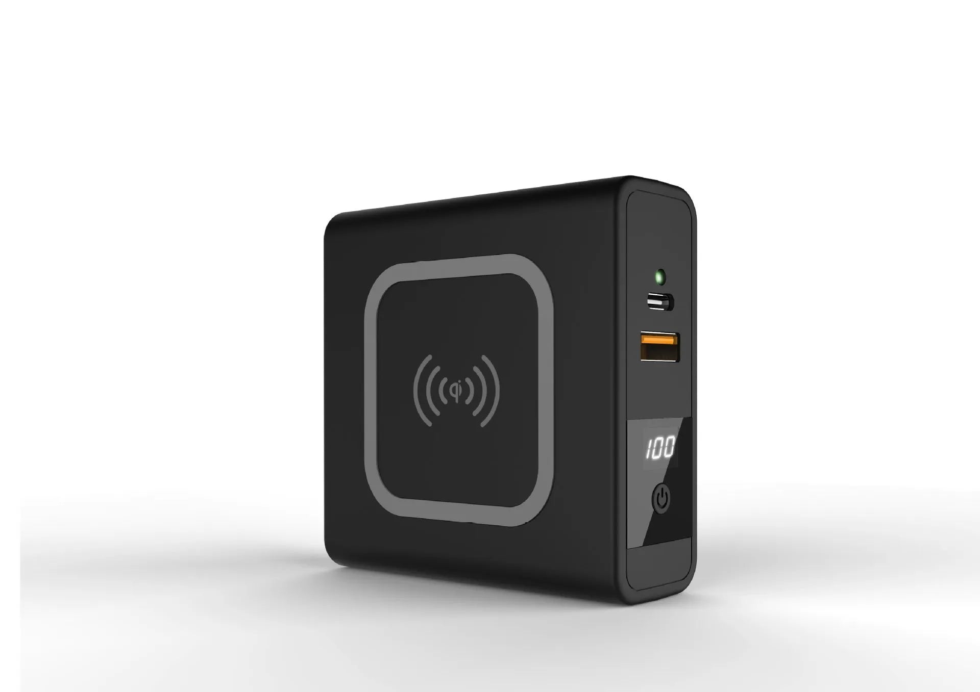 Black PD20W power bank with wireless charging and flip-out UK US EU AU plug adapters