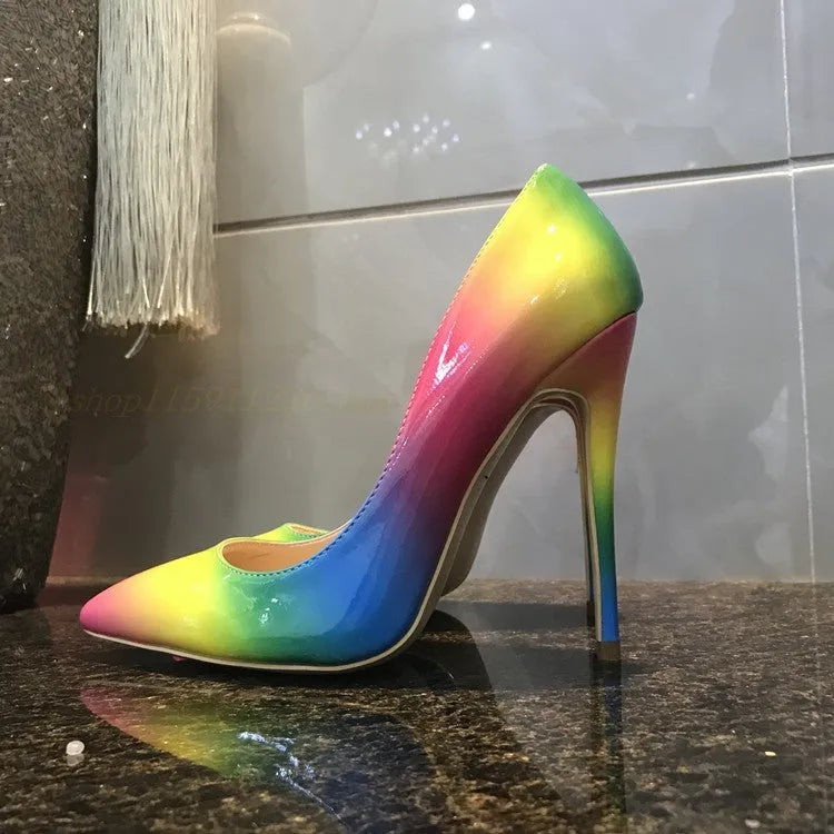 Rainbow patent leather women's stiletto heels with pointed toe in 10cm and 12cm heel height options
