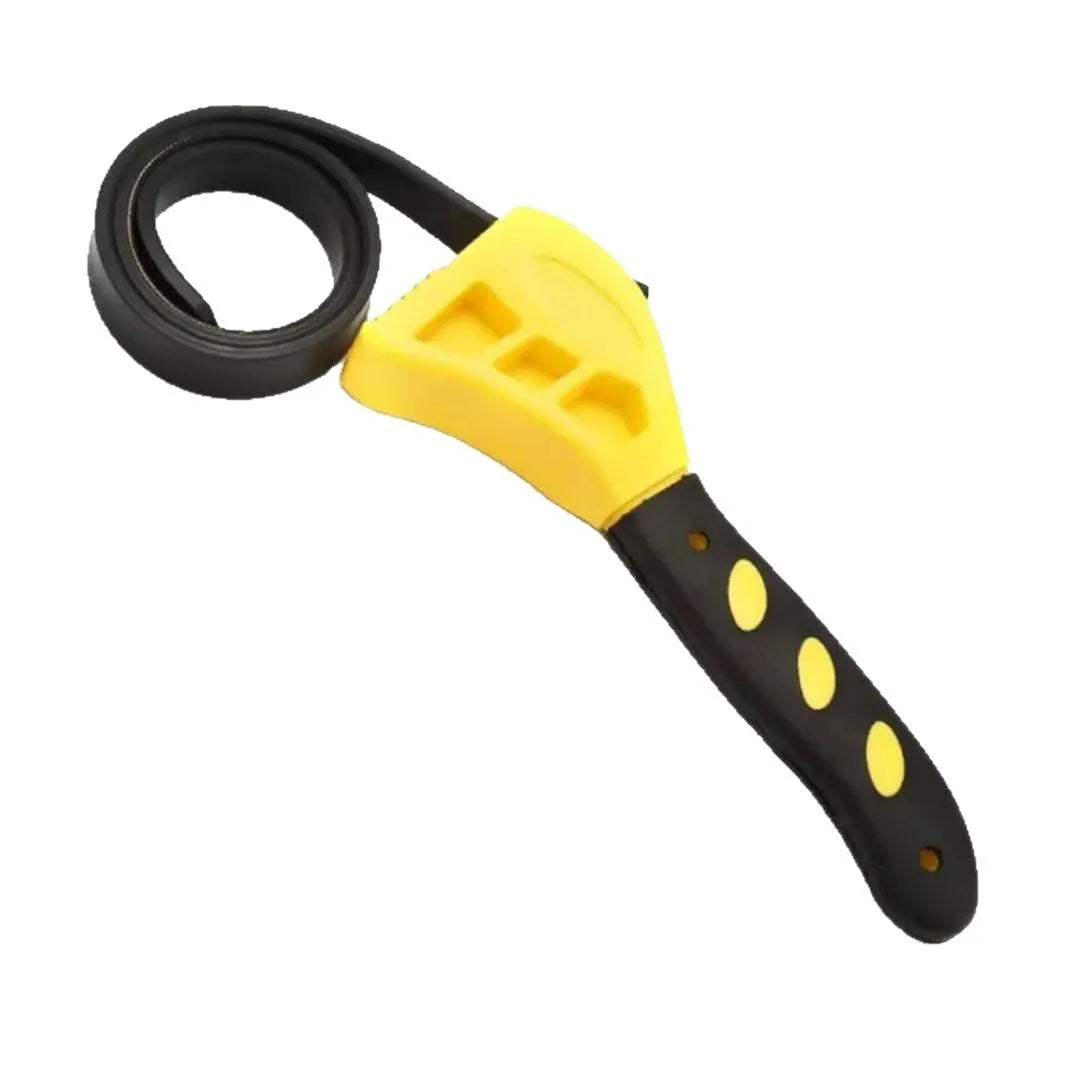 6-inch and 8-inch adjustable rubber strap wrench set with plastic rubber strap and metal handle.
