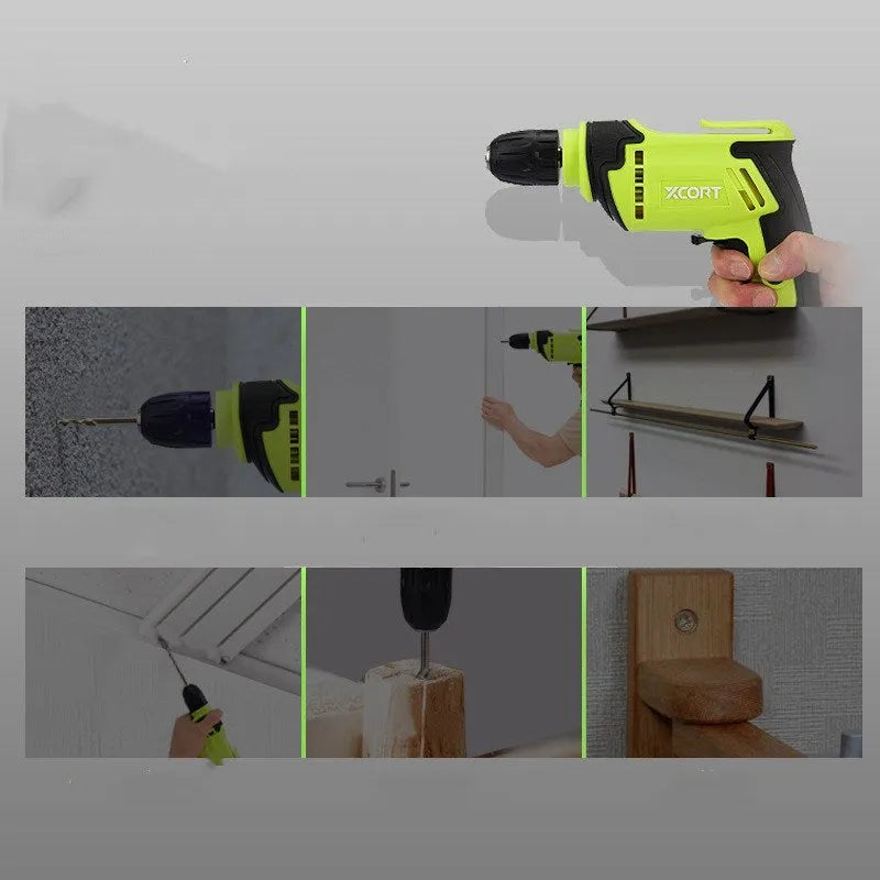 Black pistol grip electric drill with a 10mm chuck on a workbench