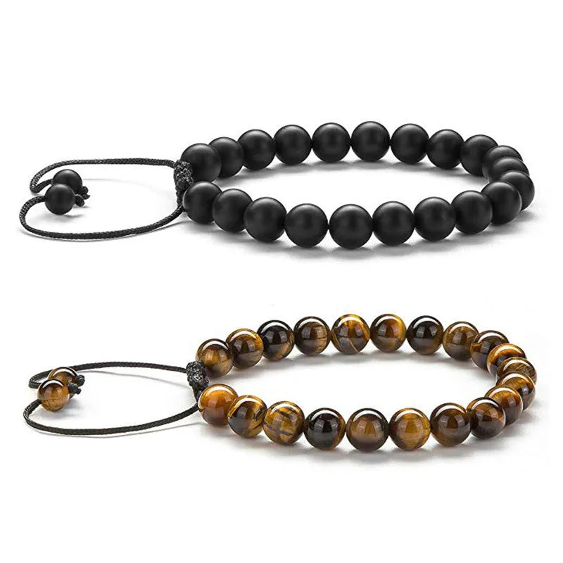 Matte black agate couple bracelets with geometric bead design