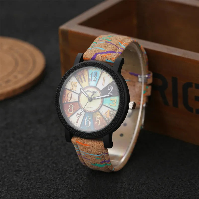 Women's vintage style quartz watch with 37mm round dial on leather strap with stainless steel pin buckle