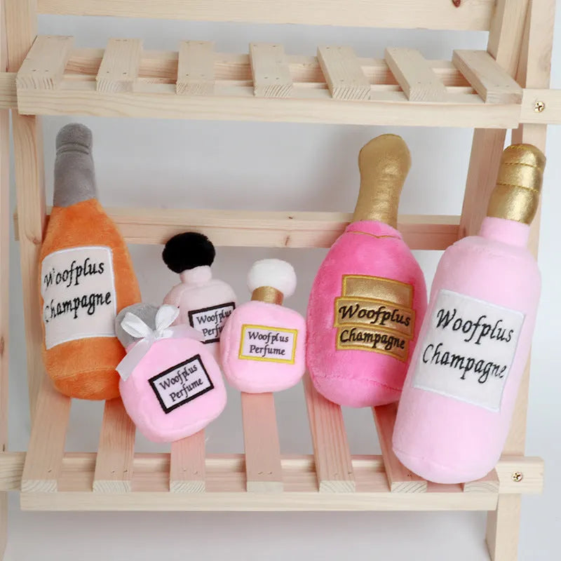 Soft plush wine bottle pet toy for dogs and cats in multiple colour variations