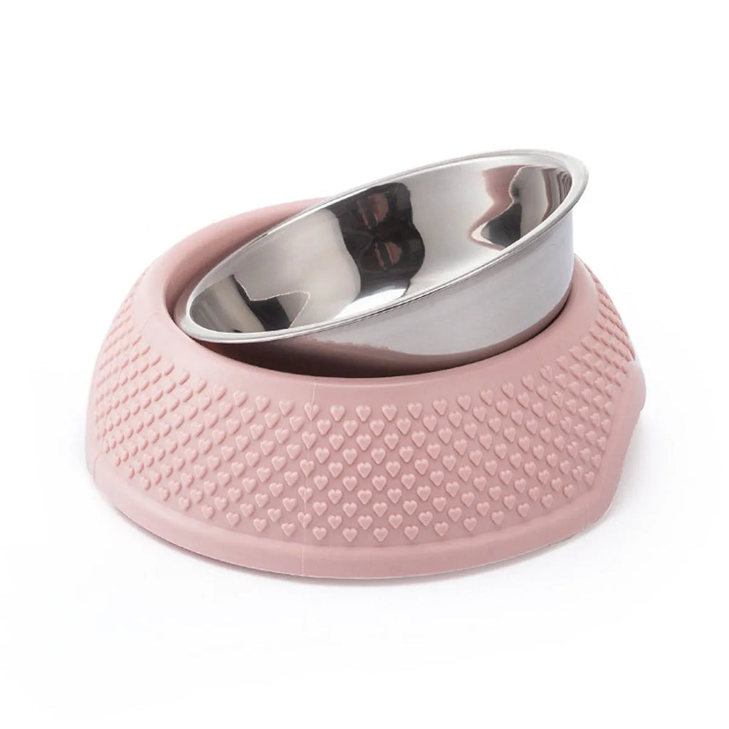 Set of four coloured stainless steel pet bowls with non-slip bases for cats and dogs
