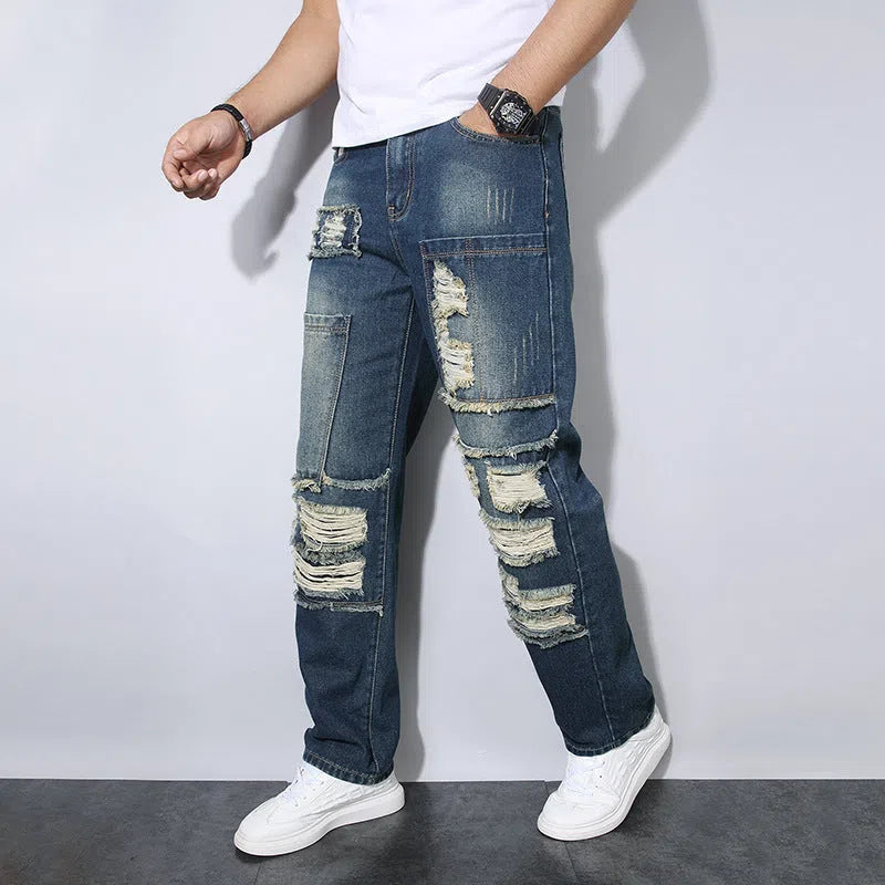 Men's straight wrinkle-resistant loose casual cotton jeans in blue colour, mid waist zip fly