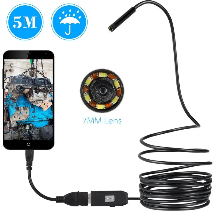 OWSOO USB endoscope camera with 5 metre cable, 6 LED lights, and magnet hook accessories