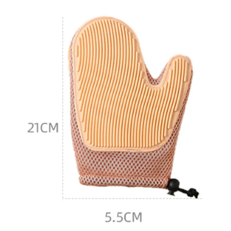 Pet grooming glove for hair removal in dark blue colour showing mesh fabric texture