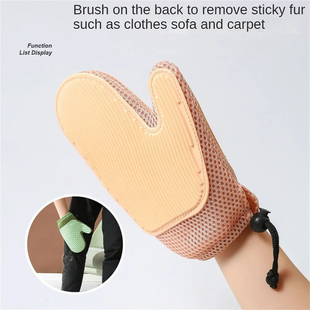 Pet grooming glove for hair removal in dark blue colour showing mesh fabric texture
