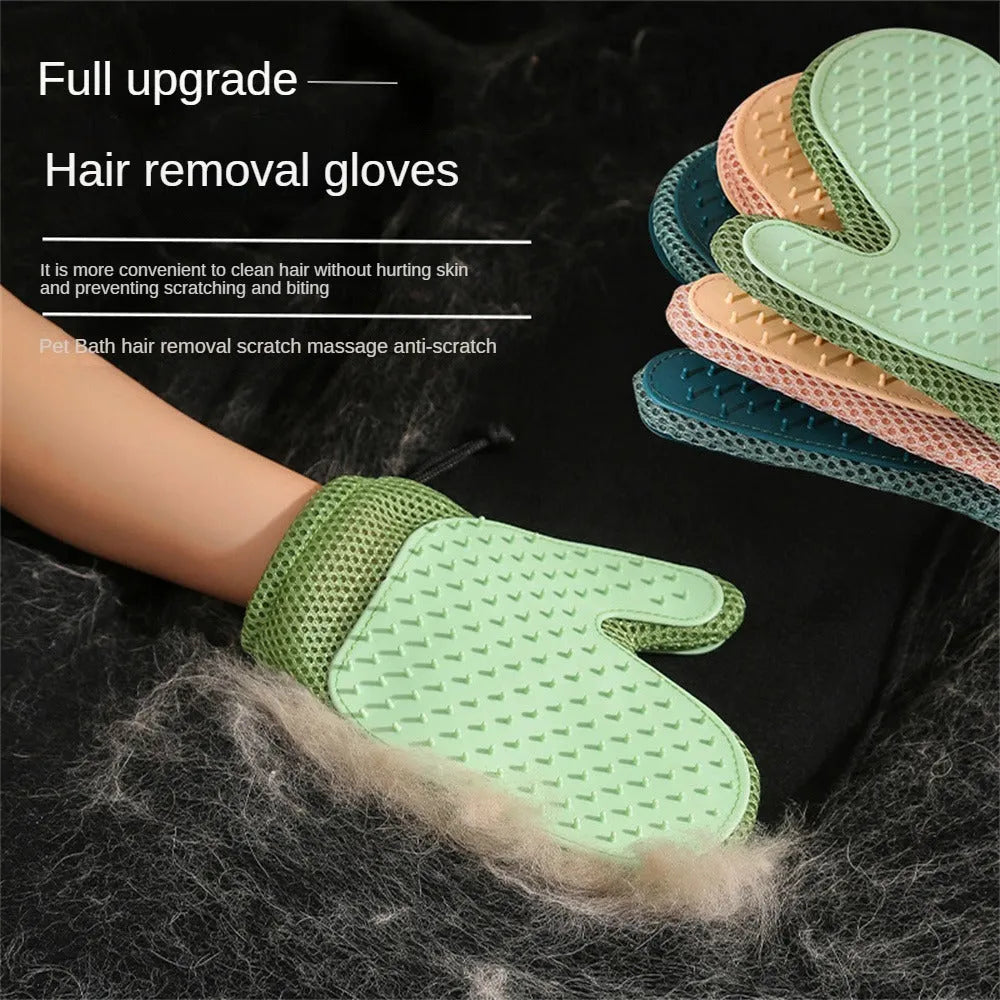 Pet grooming glove for hair removal in dark blue colour showing mesh fabric texture